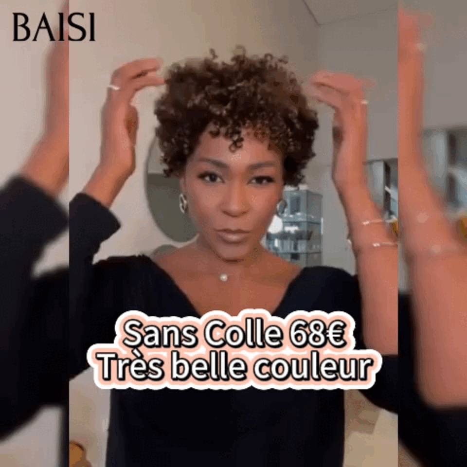 BAISI Perruque Pixie Afro curly en couleur noir mix miel 68€ sans colle sans lace  100% Cheveux Humains Fabriqué à la Machine BS60