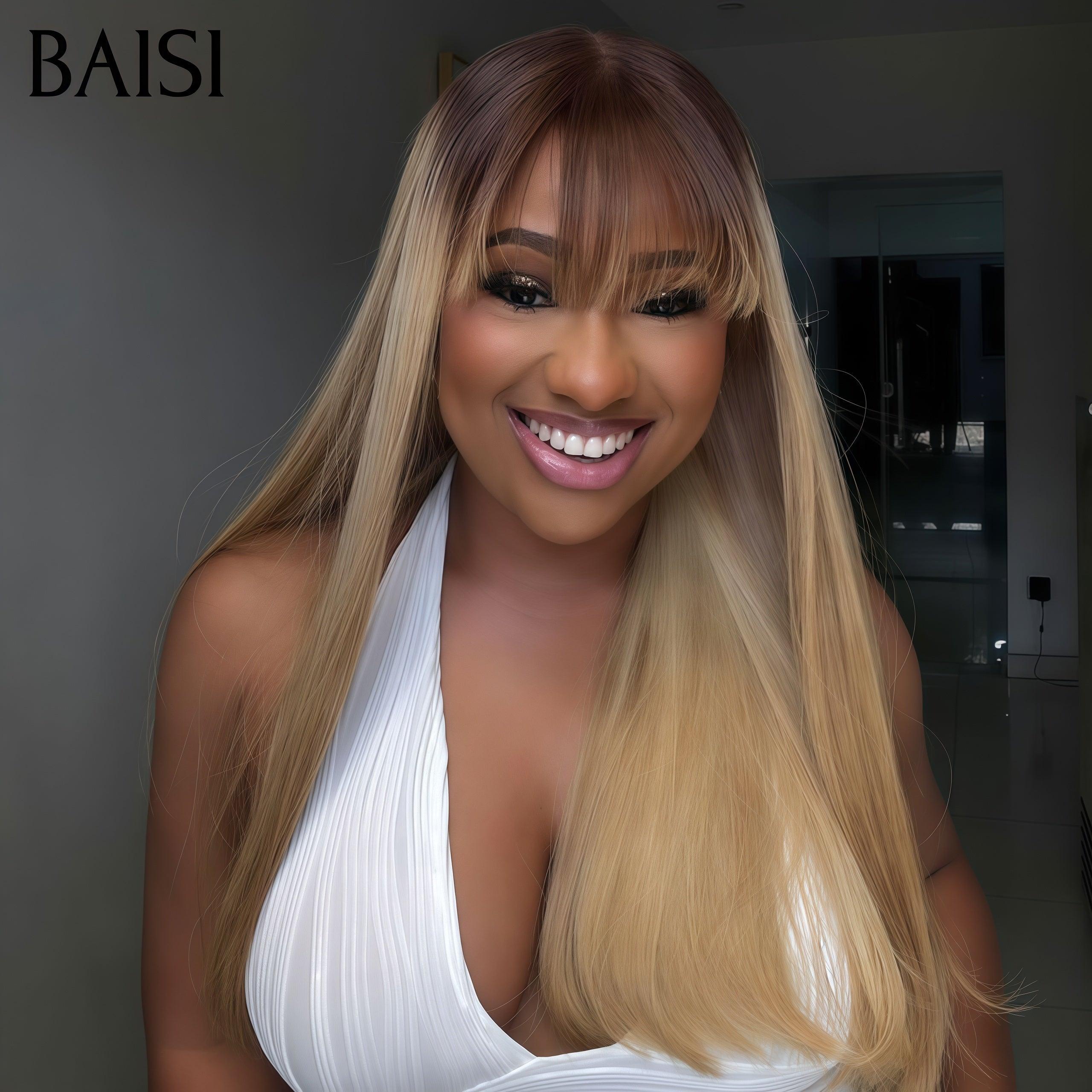 BAISI 250% densité Perruques de Luxe SDD BONE Straight 100% Viêtnam Hair avec frange en couleur blonde 4/613#  Lisse plus de 20 ans d' utilisations MP50