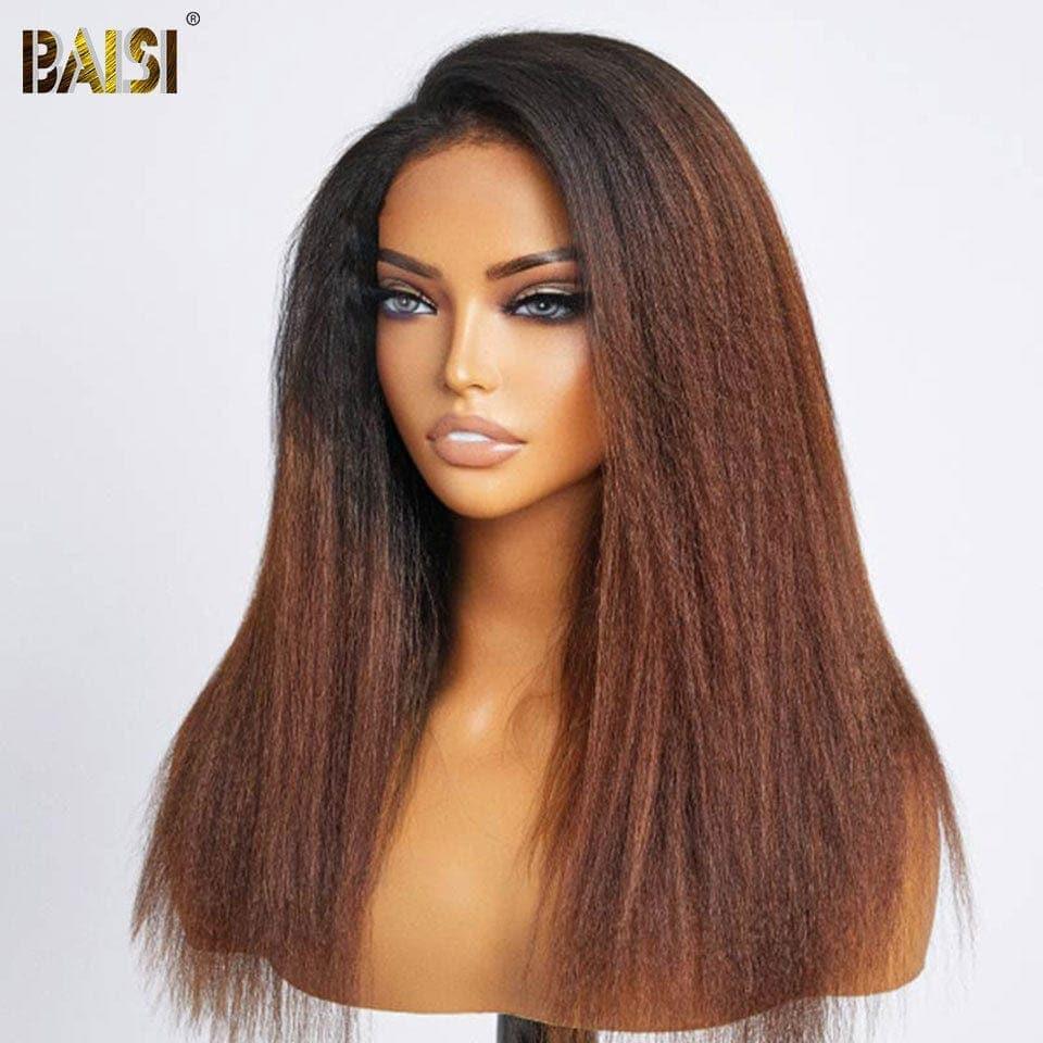 BAISI 4x4 Perruque bob Kinky Straight Marron 1BT4# en haut de gamme avec les Baby Hair naturel Pré-plucked Pas Besoin de Colle en 100% Raw Hair Lace déjà couper 4C Hairline
