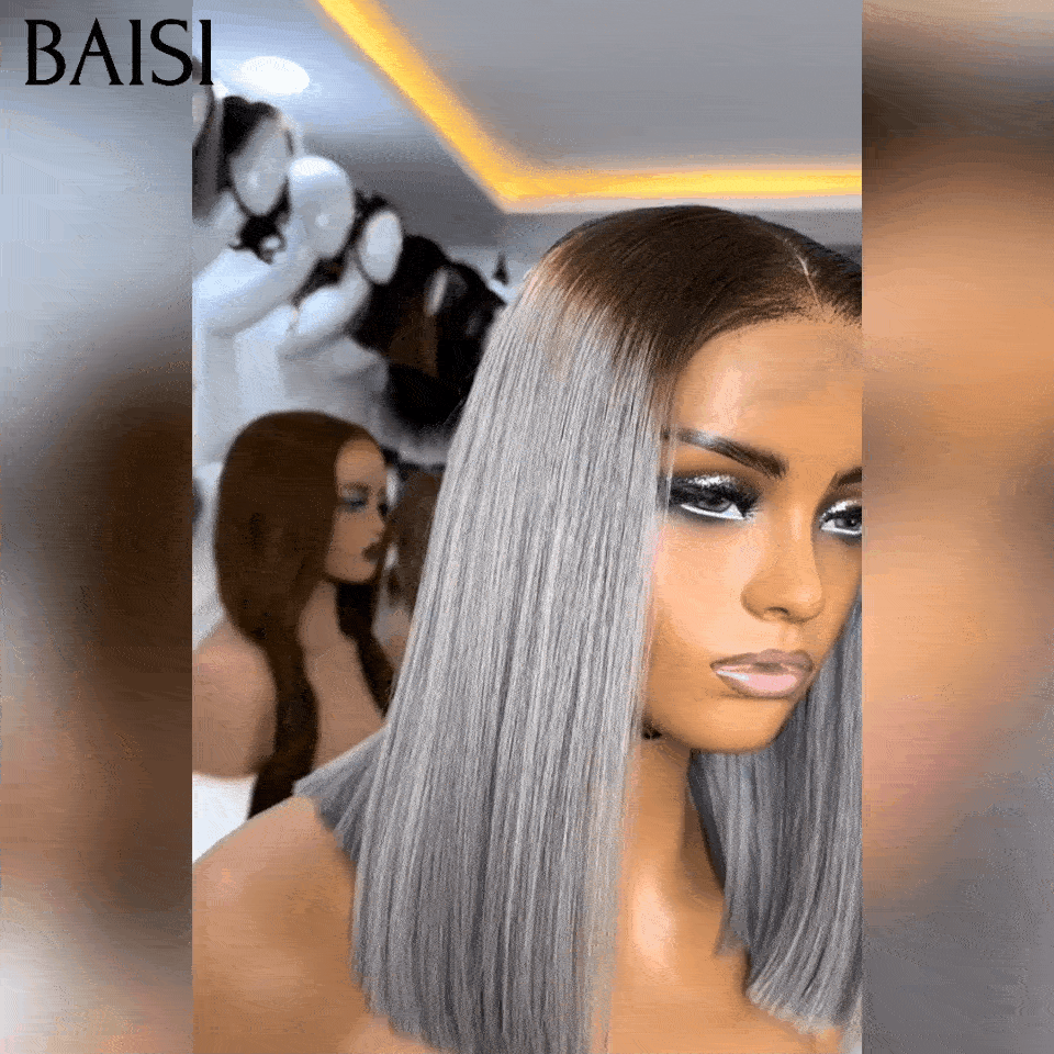 Collezione BAISI Poivre et Sel SDD BONE STRAIGHT Parrucca Liscia Bob 2x6 Chiusura in Pizzo Capelli 100% Vietnamiti colore #4/Grigio In 100% Veri Capelli Umani