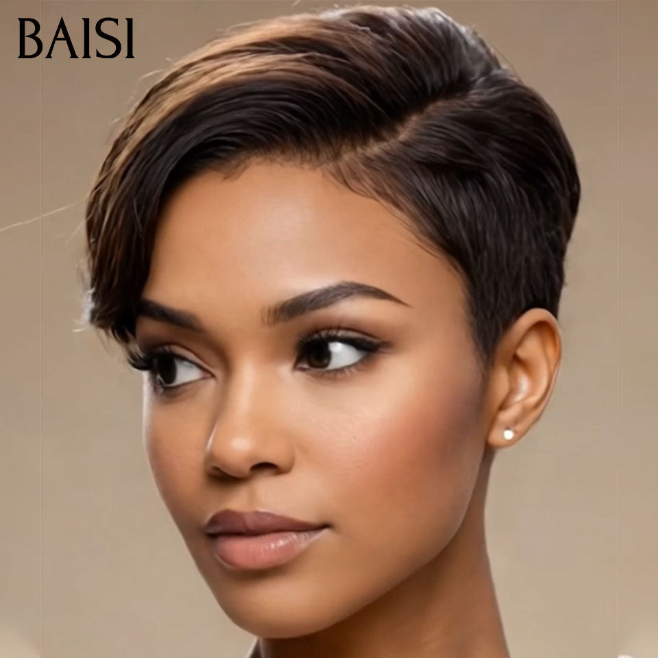 BAISI Perruque 2 Bonne Qualité 119€ pixie lisse et curly wave ou pixie lisse frontale 80€ Moitié Prix NOIR En 100% Cheveux Humains