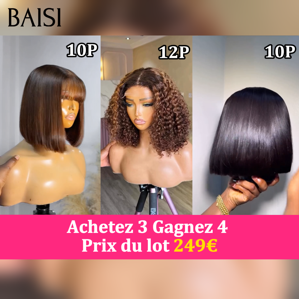 BAISI Achetez 3 Gagnez 4  Lot de 3 Perruques Bob 10pouces 249€ Carré Lisse Avec Frange Marron 4#  + Curly Couleur Marron 4# + Carré Lisse Noir En 100% Vrais Cheveux Humains
