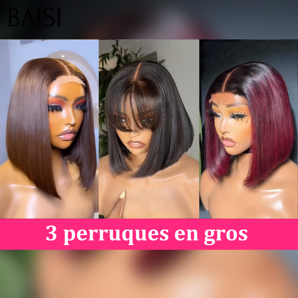 BAISI Lot de 3 Perruques 8Pouces En Gros Bob Carré Lisse Avec et Sans Frange Couleur Noir 1B# Marron 4# et Bordeaux 99J#  Très Facile A Revendre en 100% Cheveux Humains