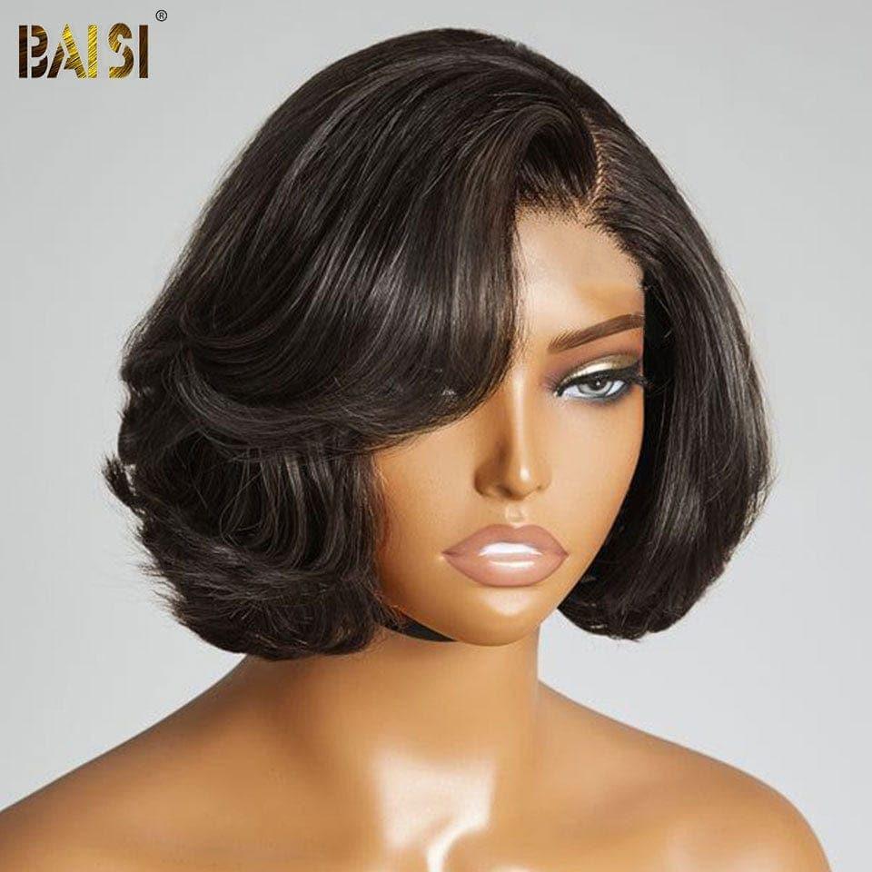 BAISI 5X5 Perruque coupe à la mode couleurs Noir 1B wave 8-12 pouce  en 100% Raw Hair Lace déjà couper