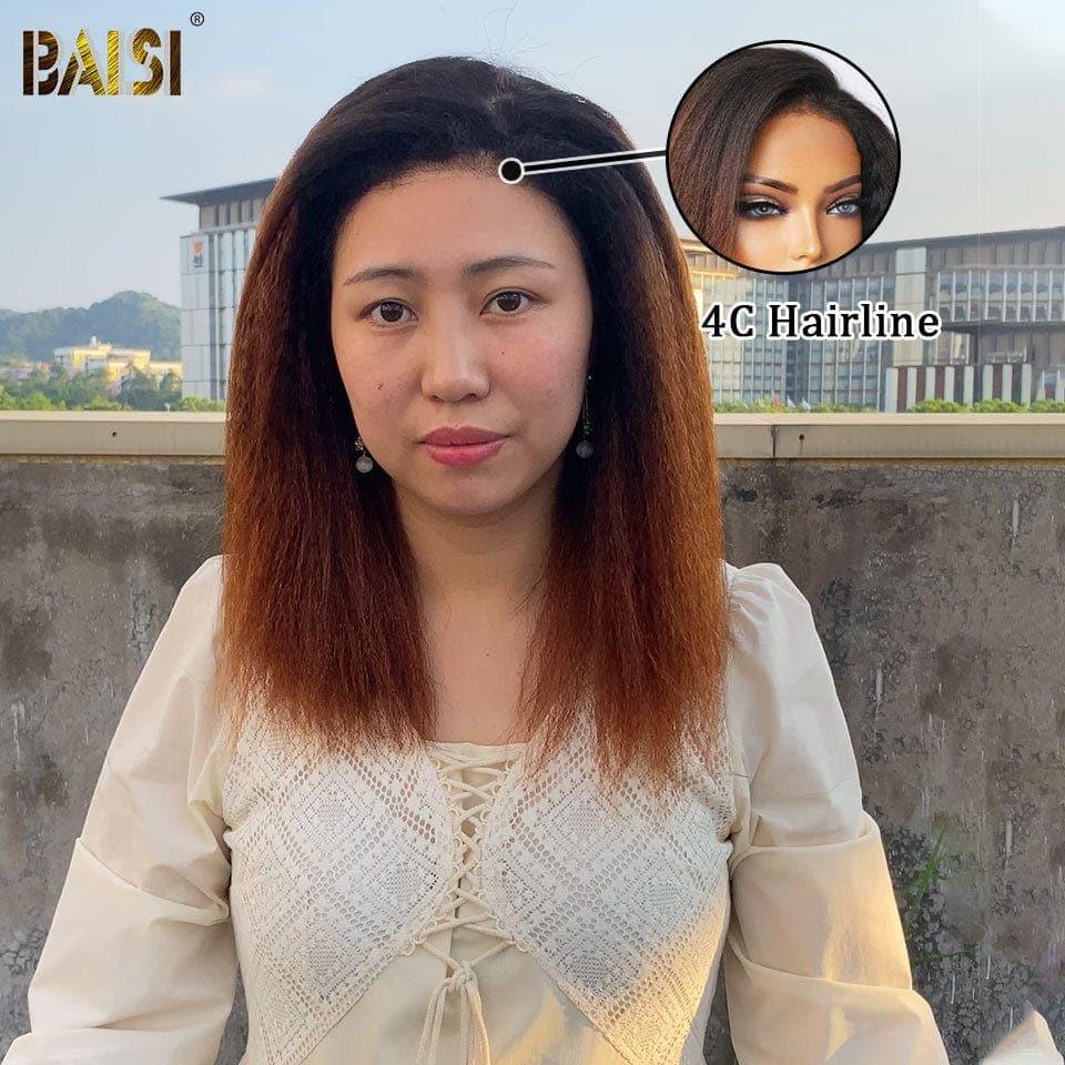 BAISI 4x4 Perruque bob Kinky Straight Marron 1BT4# en haut de gamme avec les Baby Hair naturel Pré-plucked Pas Besoin de Colle en 100% Raw Hair Lace déjà couper 4C Hairline