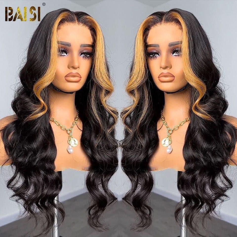 BAISI 4x4 closure Body Wave Wig in color 1b strands #27 Pre-Plucked No Glue Needed in 100% Raw Hair Lace already cut