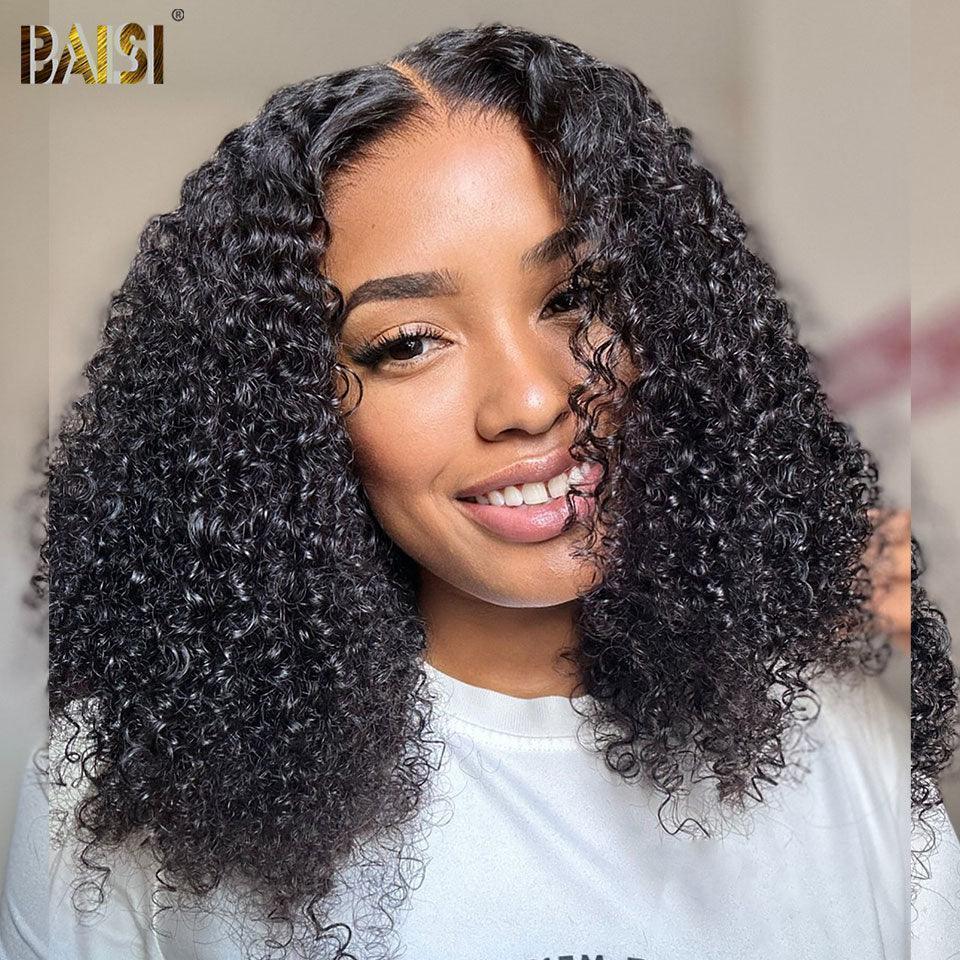 BAISI 4x4 Bob Curly Wig Half-Price Black Glue-Free Lace Pre-Cut Easy-to-Wear 100% Human Hair D MP50
