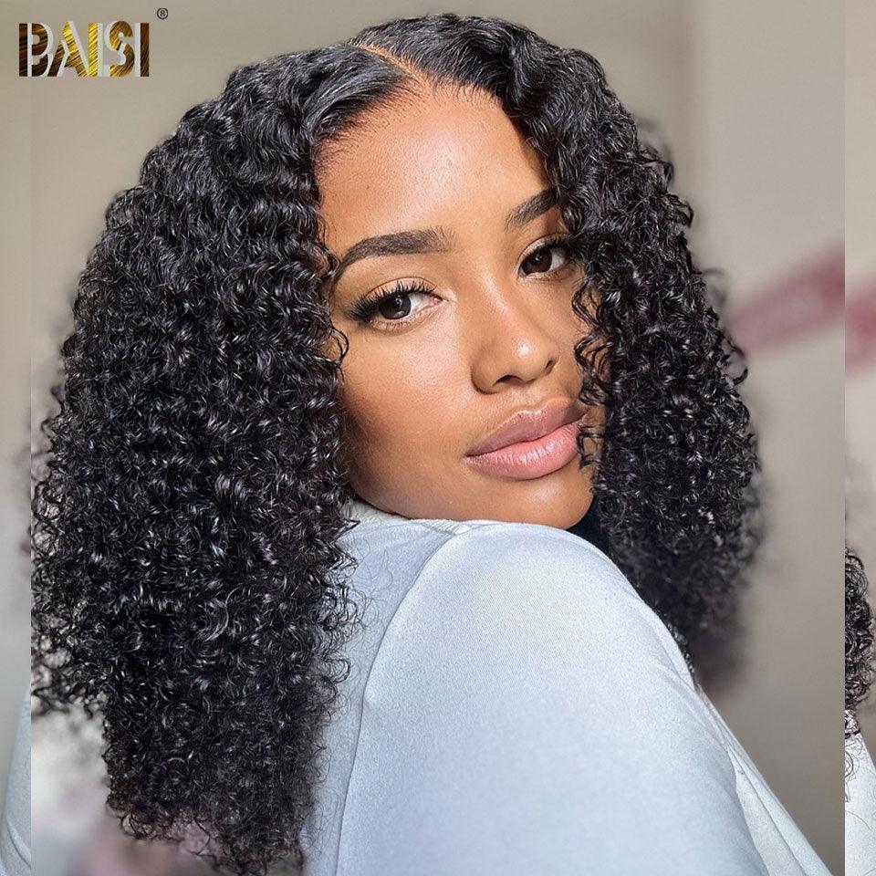BAISI 4x4 Bob Curly Wig Half-Price Black Glue-Free Lace Pre-Cut Easy-to-Wear 100% Human Hair D MP50