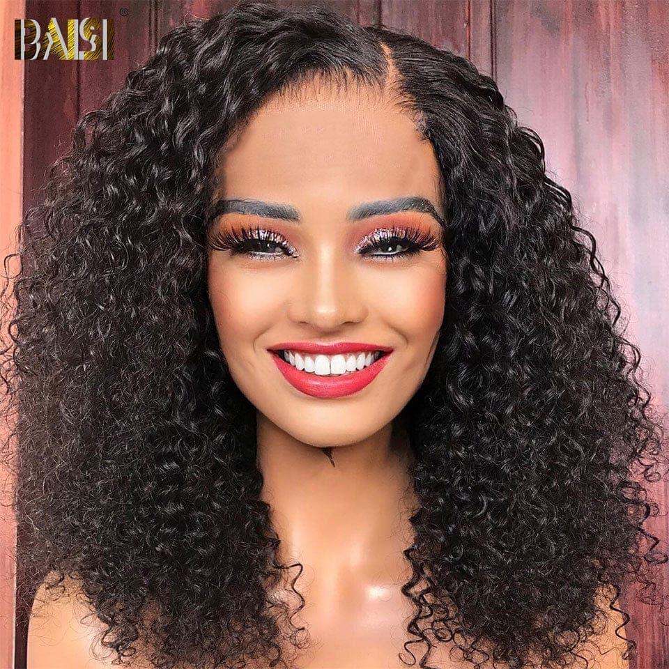 BAISI 13x4 Curly Bob Wig in Black Glueless Lace Front Cut Easy to Wear 100% Human Hair