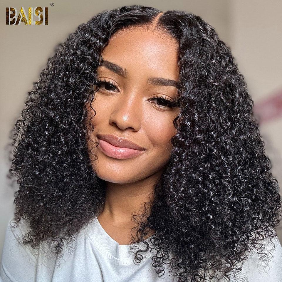 BAISI 4x4 Bob Curly Wig Half-Price Black Glue-Free Lace Pre-Cut Easy-to-Wear 100% Human Hair D MP50