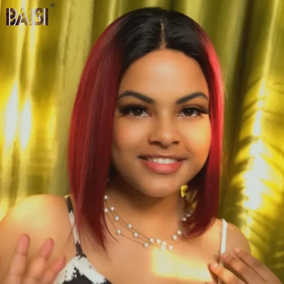 BAISI 4X4 Straight Bob Wig In Burgundy 1B99J Pre-Plucked No Glue Needed in 100% Raw Hair Lace Already Cut