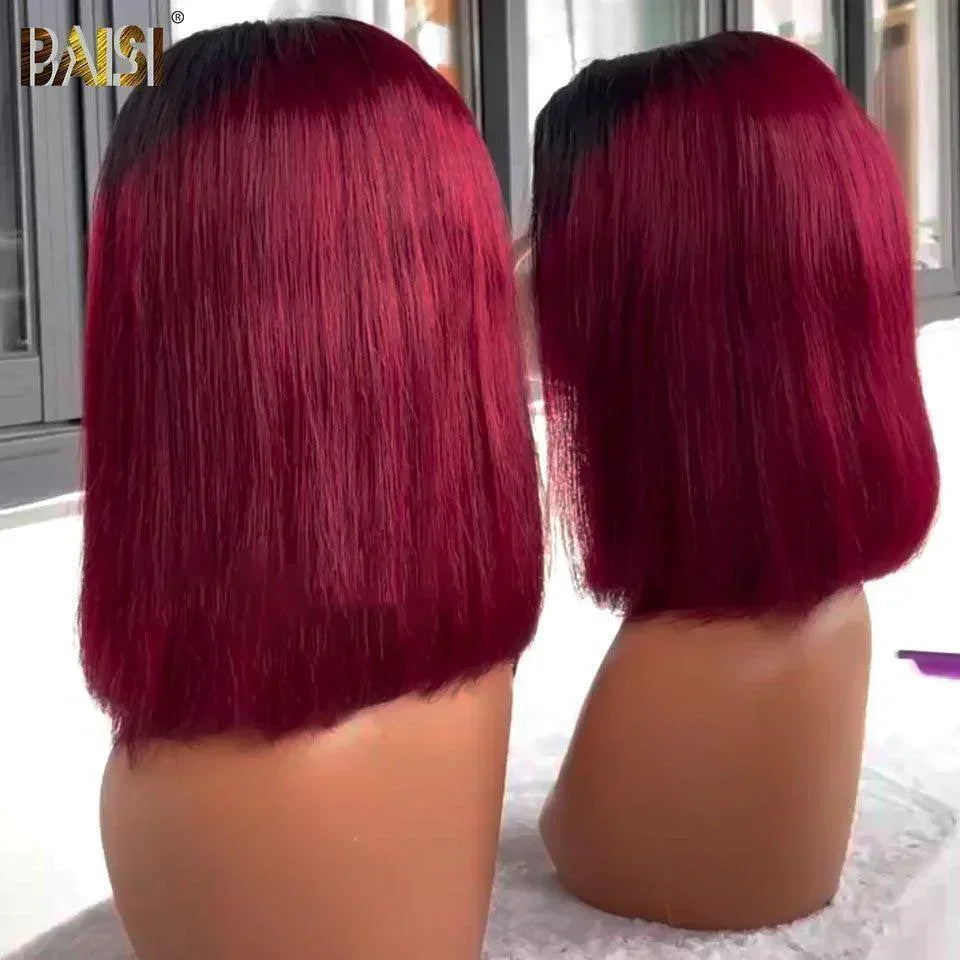 BAISI Achetez 2 perruques minimum au prix d'usine fournisseur 13x4 lisse en noir 10 pouce 68€ et 4x4 Perruque BOB  Lisse Rouge Bordeaux 1B/99J Pré-plucked Pas Besoin de Colle en 100% Raw Hair Lace déjà couper  (Pas Besoin de Code)