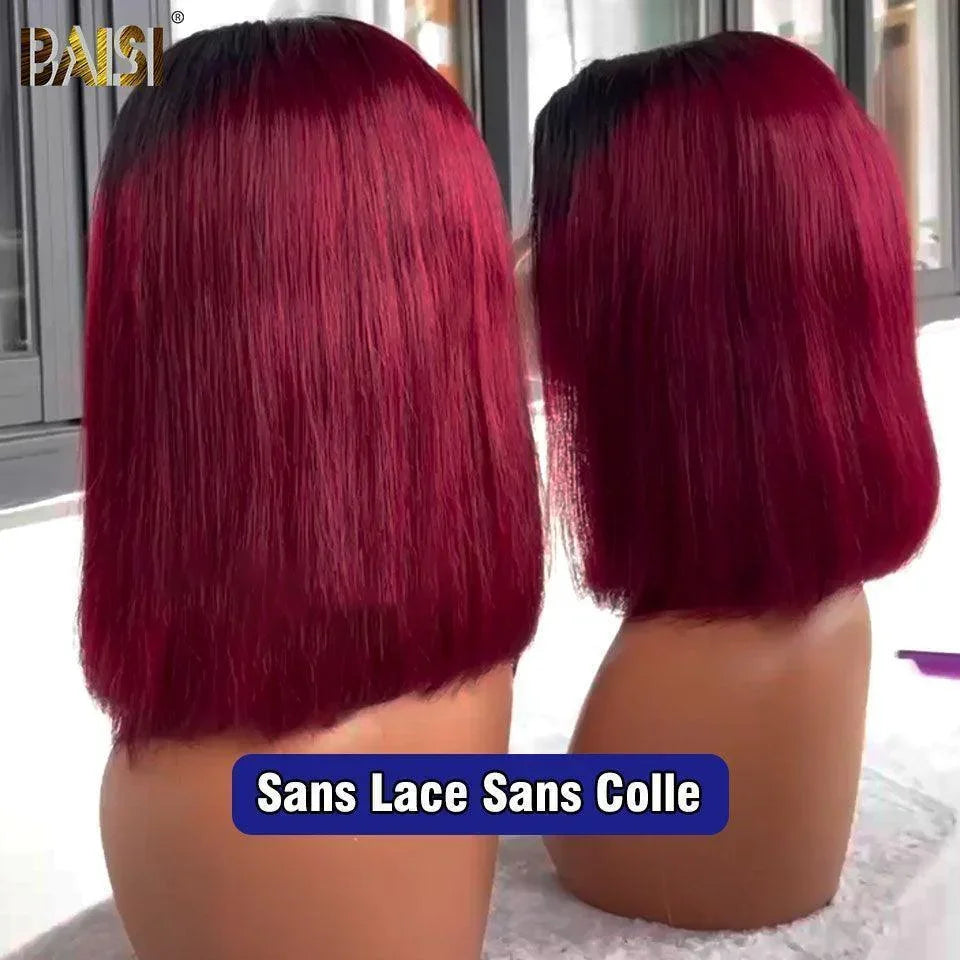 BAISI Achetez 2 perruques minimum au prix d'usine fournisseur 13x4 lisse en noir 10 pouce 68€ et 4x4 Perruque BOB  Lisse Rouge Bordeaux 1B/99J Pré-plucked Pas Besoin de Colle en 100% Raw Hair Lace déjà couper  (Pas Besoin de Code)