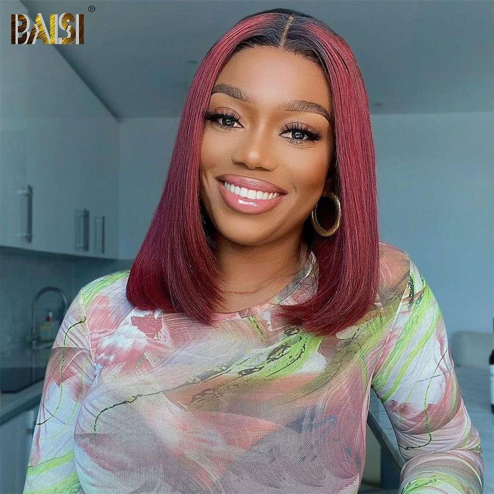 BAISI Achetez 2 perruques minimum au prix d'usine fournisseur 13x4 lisse en noir 10 pouce 68€ et 4x4 Perruque BOB  Lisse Rouge Bordeaux 1B/99J Pré-plucked Pas Besoin de Colle en 100% Raw Hair Lace déjà couper  (Pas Besoin de Code)