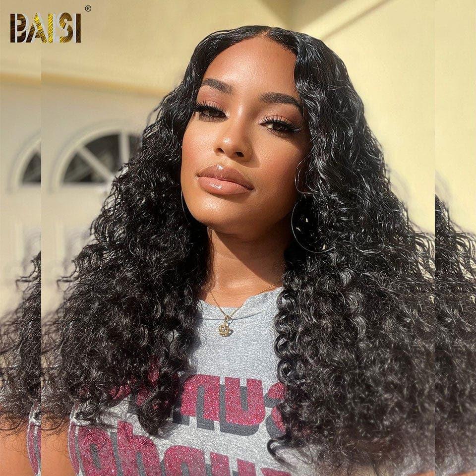 BAISI 4x4 Curly Wig in Black Glueless Lace Already Cut Easy to Wear 100% Human Hair