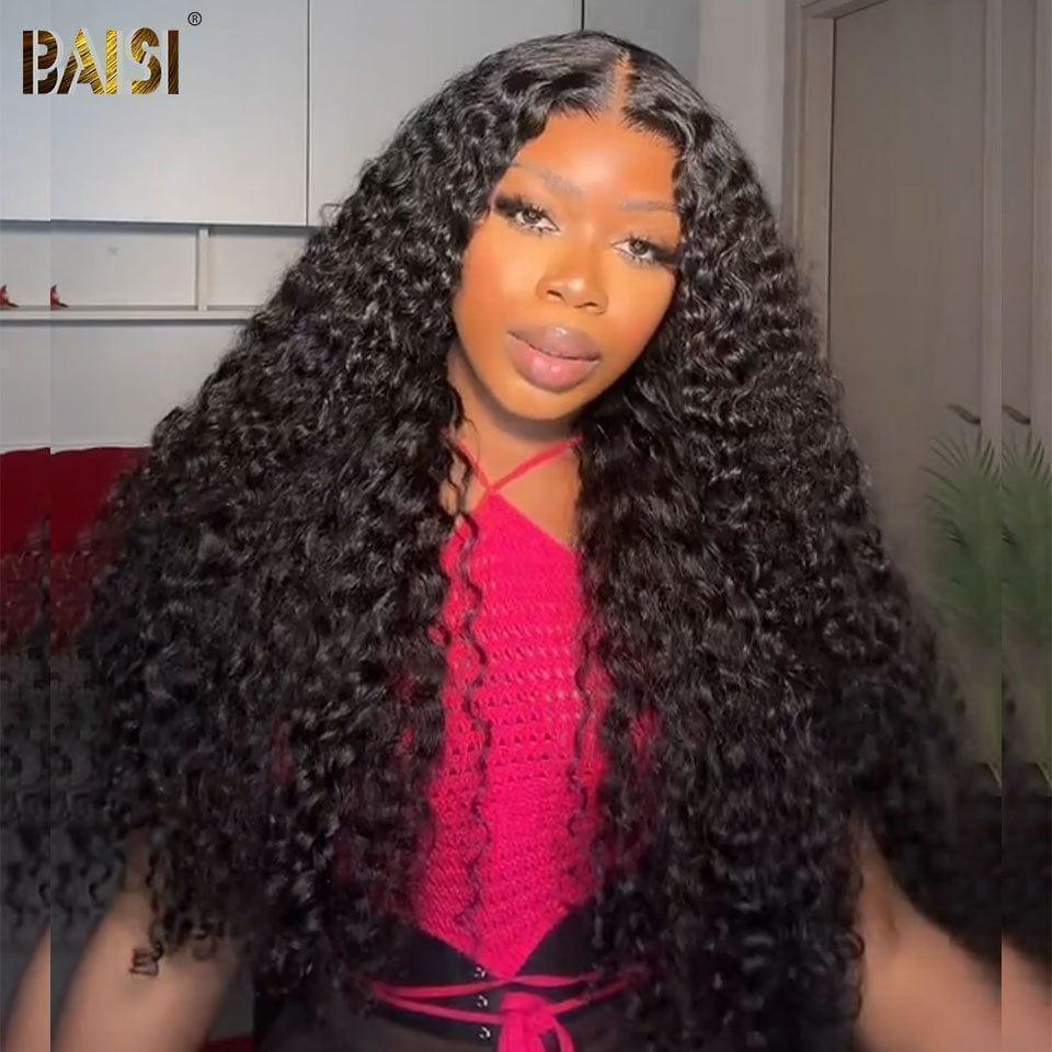 BAISI 4x4 Deep Wave Wig in Black Glueless Lace Front Easy to Wear 100% Human Hair