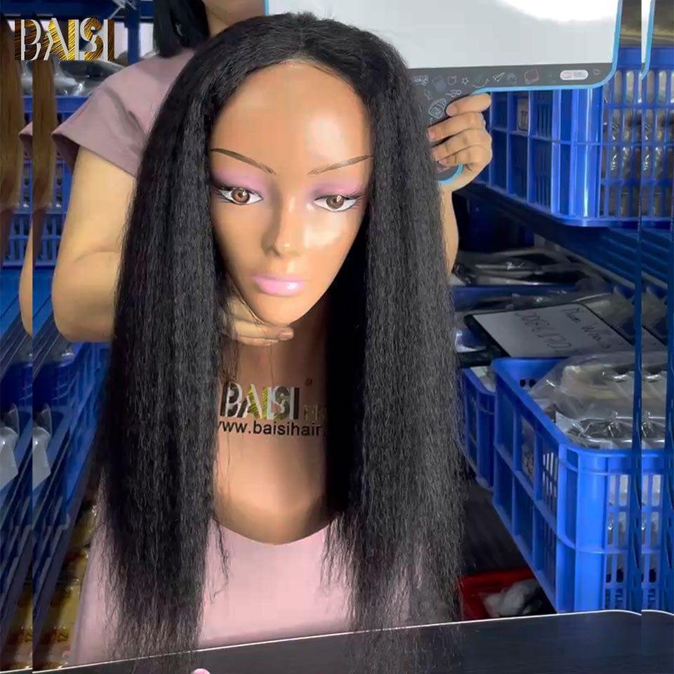 BAISI 13x4 lace frontal yaki Déjà Coiffée 18 pouce 109€ avec en chignon bun ou 4X4 perruque En Couleur Noir moitié prix kinky Straight 106€ en 100% cheveux humains MP50