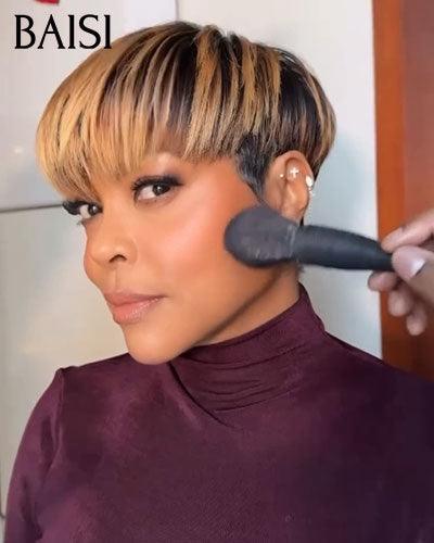 BAISI  Perruque Pixie Lisse petite coupe fabriqué à la machine moitié prix 65€ en couleur 1B#4#/27# En 100% Cheveux Humains MP50