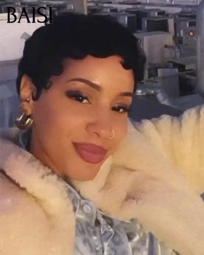 BAISI Femme VIP Peruca Pixie ondulada em renda 13x4, preta, 71€ Sem Cola, finger wave 61€, 100% Cabelo Humano