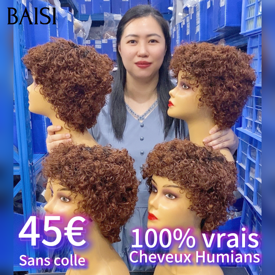 BAISI Perruque pixie curly 45€ Sans Colle en couleur marron #4 100% Cheveux Humains