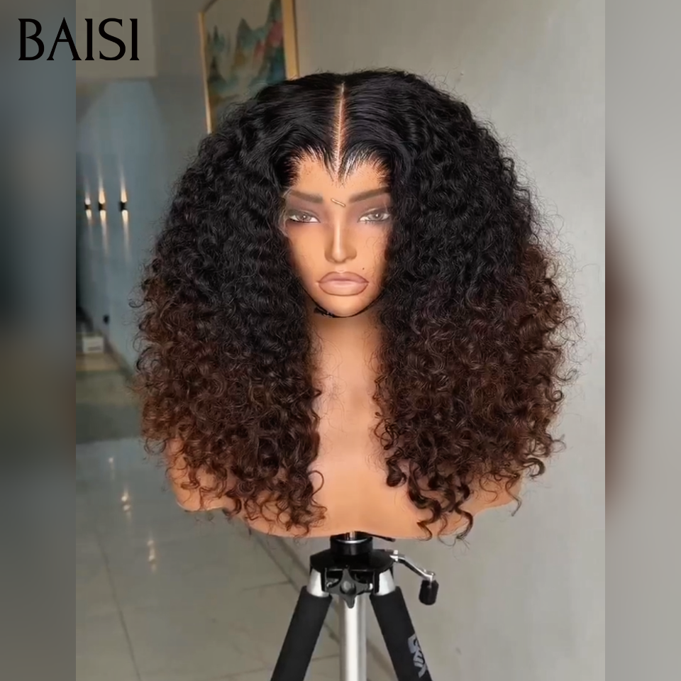 BAISI  Lace frontal Perruque Curly  wave Moitié Prix en couleur Marron 1BT4# en 100% Cheveux Humains MP50