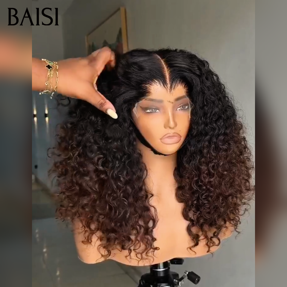 BAISI  Lace frontal Perruque Curly  wave Moitié Prix en couleur Marron 1BT4# en 100% Cheveux Humains MP50