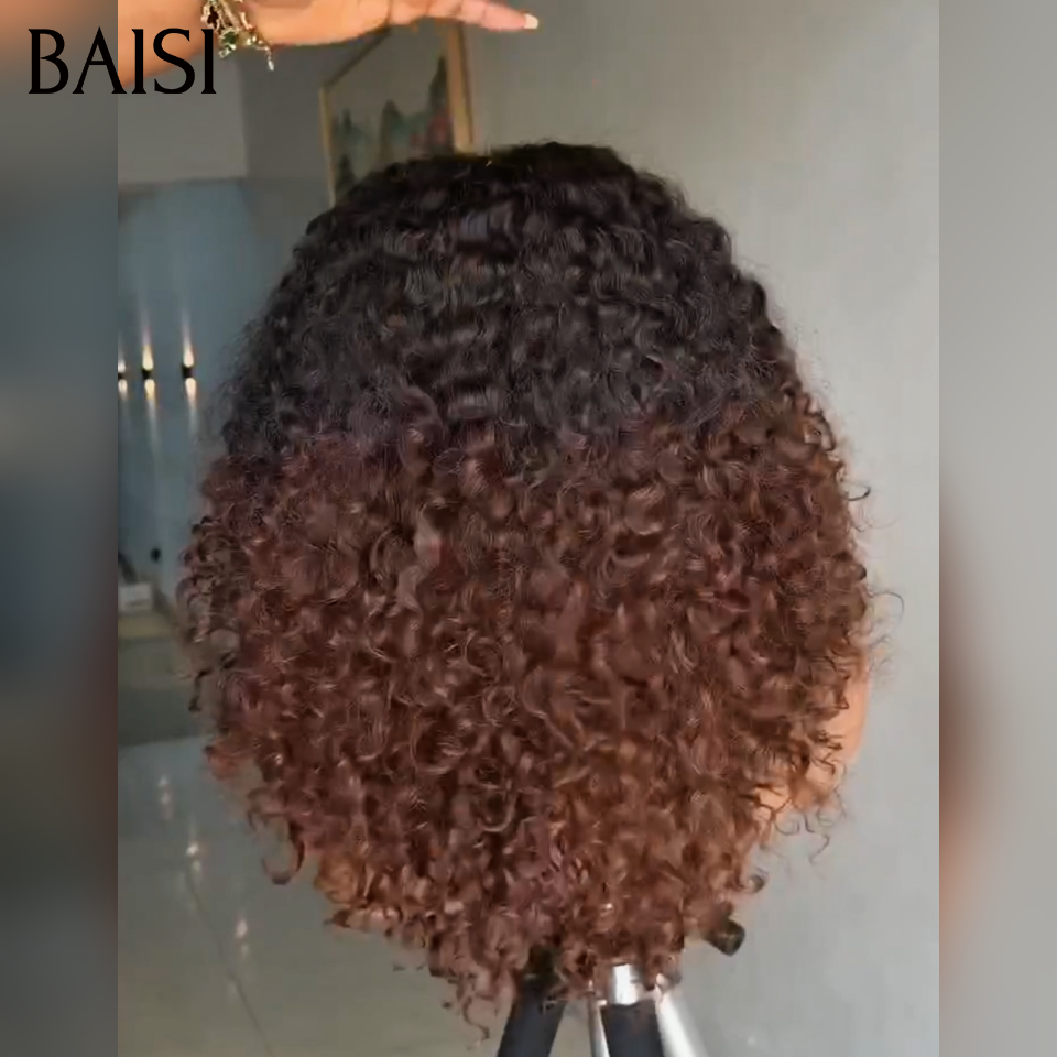 BAISI  Lace frontal Perruque Curly  wave Moitié Prix en couleur Marron 1BT4# en 100% Cheveux Humains MP50