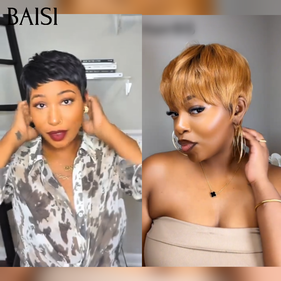 BAISI  Grande Promo 2 perruques 75€ petite coupe fabriqué à la machine en couleur Miel et NOIR  En 100% Cheveux Humains