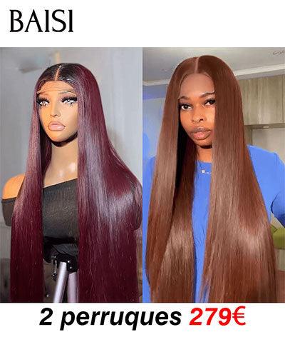 BAISI 2 perruques SDD BONE STRAIGHT 100% Vietnam Hair  2 Couleur Marron4# et Bordeaux 1B99J# 4X4 lace de Luxe Lisse 30 Pouces en 100% cheveux humains à moitié prix FR38