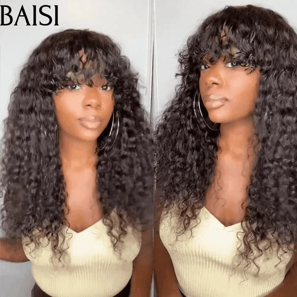BAISI Perruque Kinky Curly Bouclée avec Frange Noir 85€ 12 Pouces en 100% Cheveux Humains de Bonne Qualité