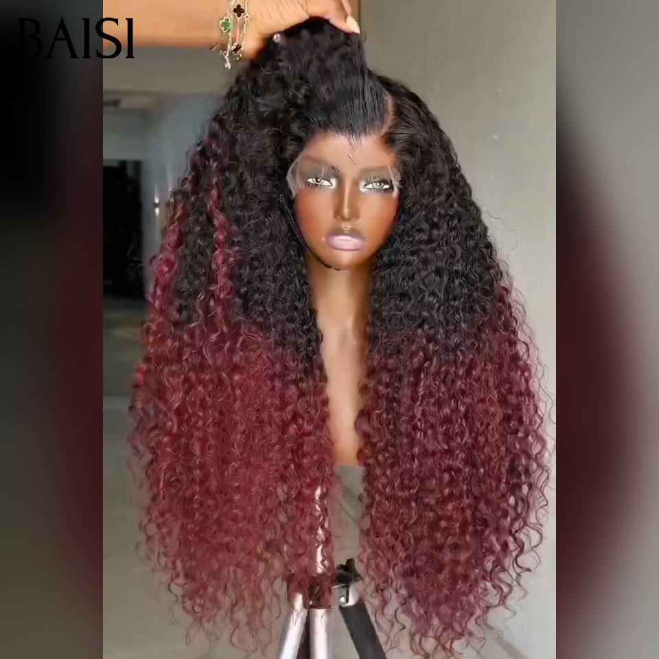 BAISI  13×4 Lace frontal Perruque Curly  wave Moitié Prix en couleur Bordeaux 1BT99J# en 100% Cheveux Humains