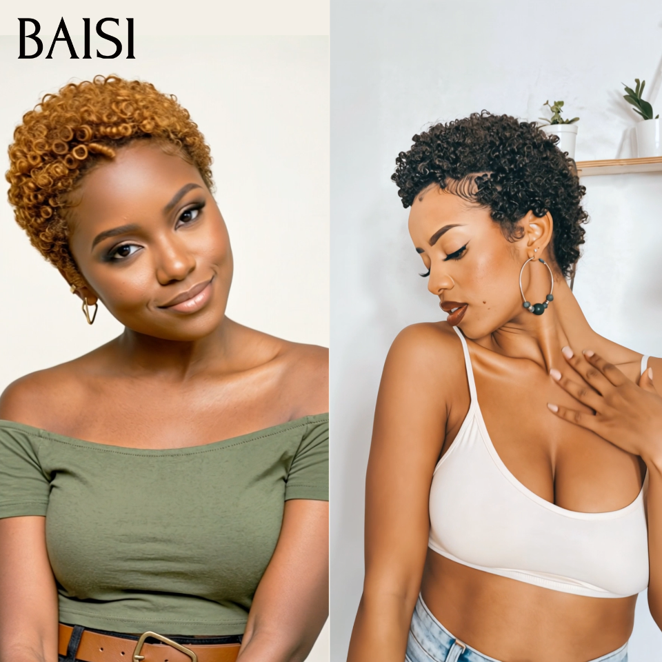 BAISI 2 Pixie Sans Colle 68€ Pixie afro curly ou 2 Perruques de Luxe Frontal 300€  Fabriquées par les cheveux double drawn 250% densité en 100% vrais cheveux humains