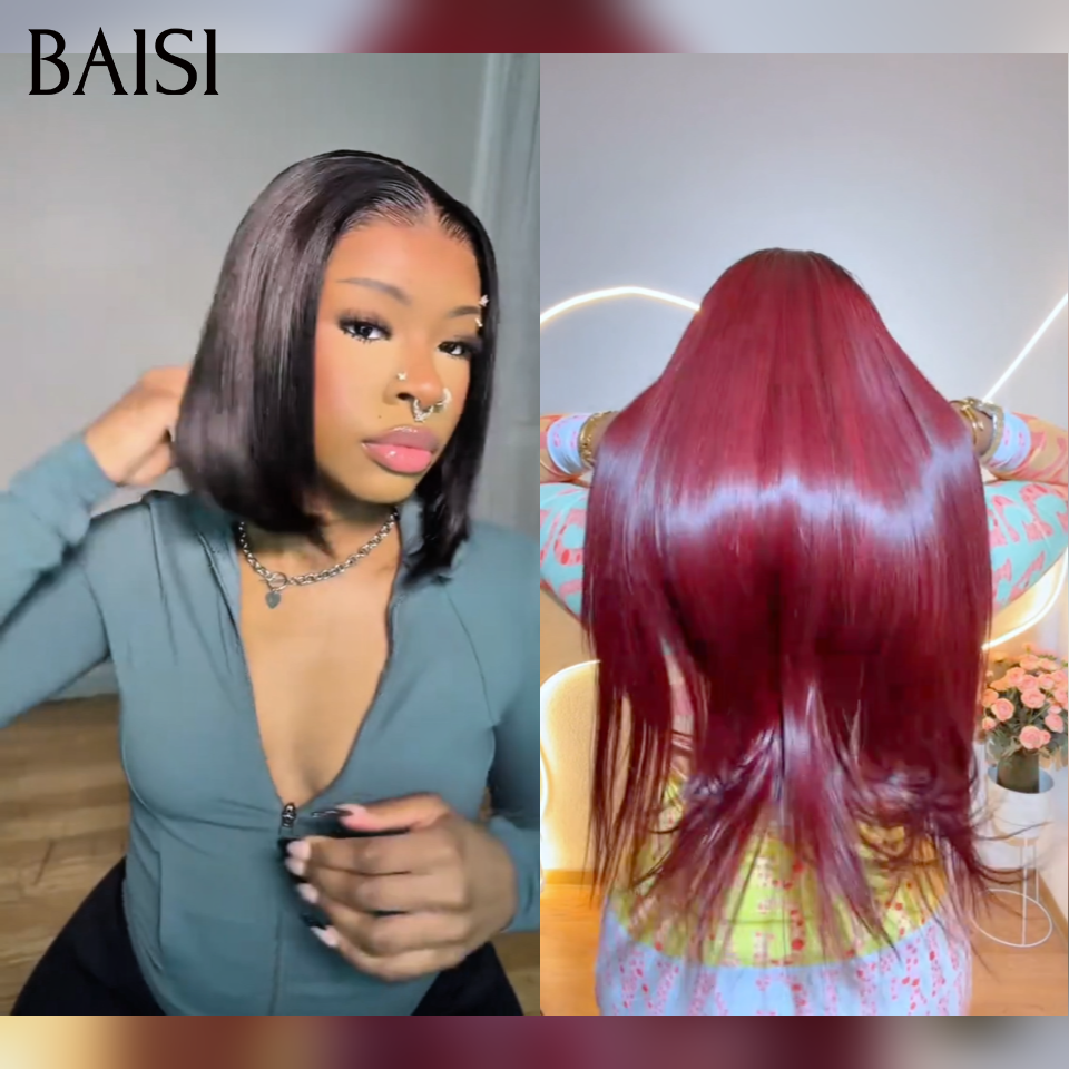 BAISI 2 Pour 149€ 13x4 Lace frontal Lisse 1BT99J# et blended human hair BOB ou Moitié Prix 69€ 13x4 lace frontal Perruque Bob lisse 10 Pouces en couleur  Miel avec racine Marron en 100% Cheveux Humains