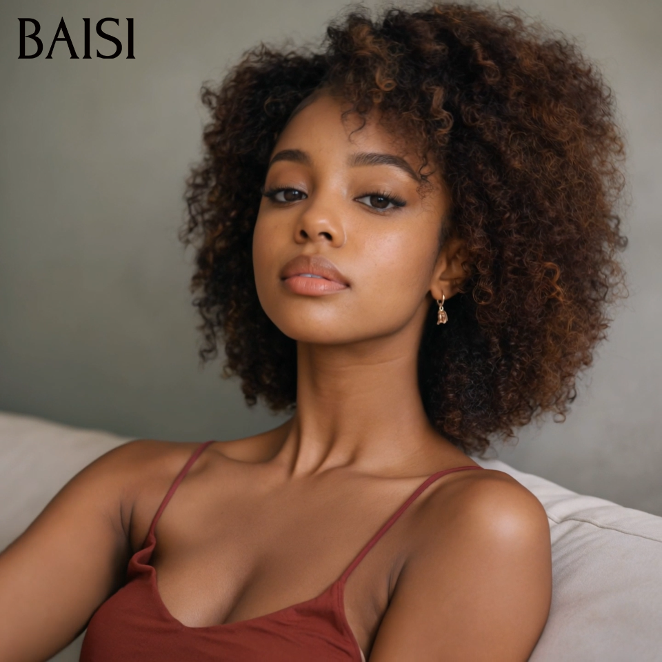 BAISI  Grande Promo petite coupe fabriqué à la machine curly wave 68€ en couleur marron mixte miel En 100% Cheveux Humains
