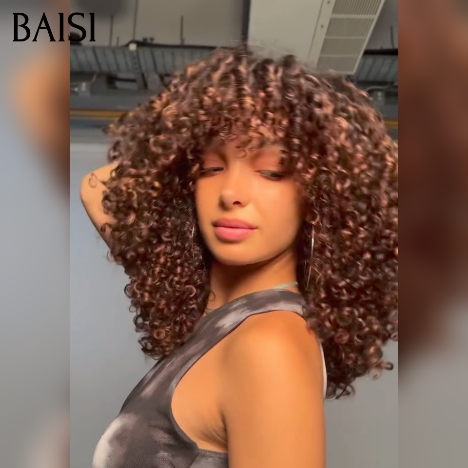 BAISI perruque duveteuse et respirante water wave avec Frange 12 Pouces Seulement 85€ ou  400% Volume 18 pouce perruque 189€ en couleur Marron mixte miel en 100% Cheveux Humains