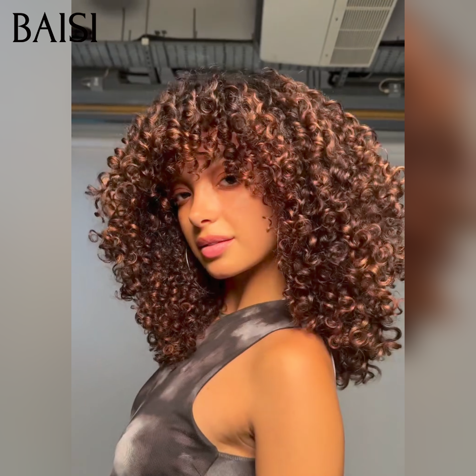 BAISI perruque duveteuse et respirante water wave avec Frange 12 Pouces Seulement 85€ ou  400% Volume 18 pouce perruque 189€ en couleur Marron mixte miel en 100% Cheveux Humains
