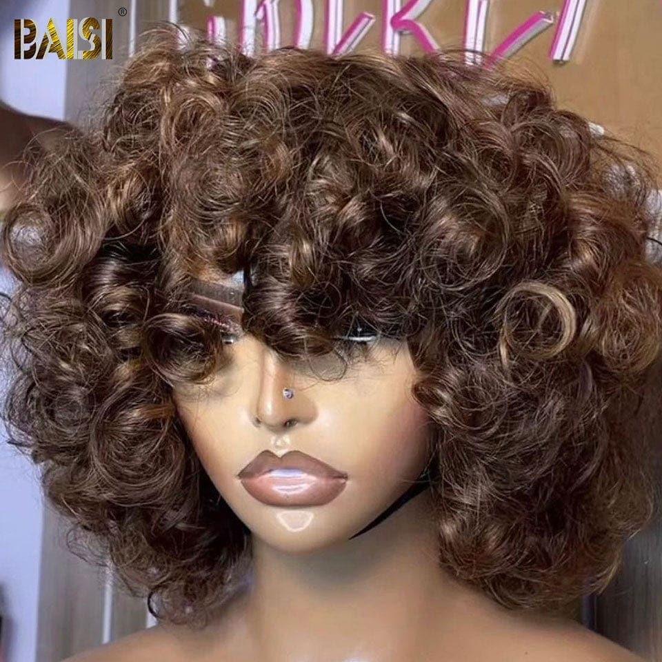 BAISI Parrucca Riccia Egg Wave 69€ NERO o Marrone #4 o arancione o 99J con Frangia Senza Lace Senza Colla in 100% Capelli Umani