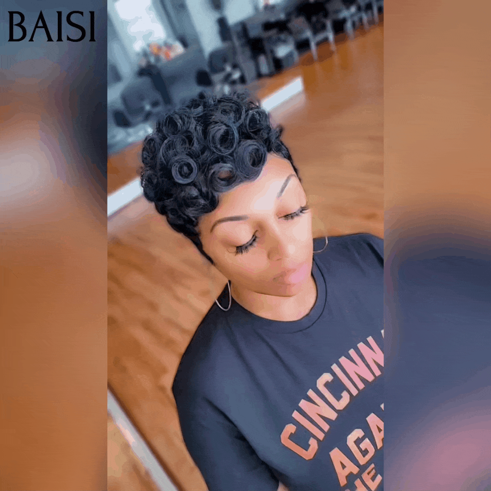 BAISI Oferta Flash PRETO 38€ Peruca Pixie Finger Wave corte curto, fabricada à máquina, em 100% cabelo humano B