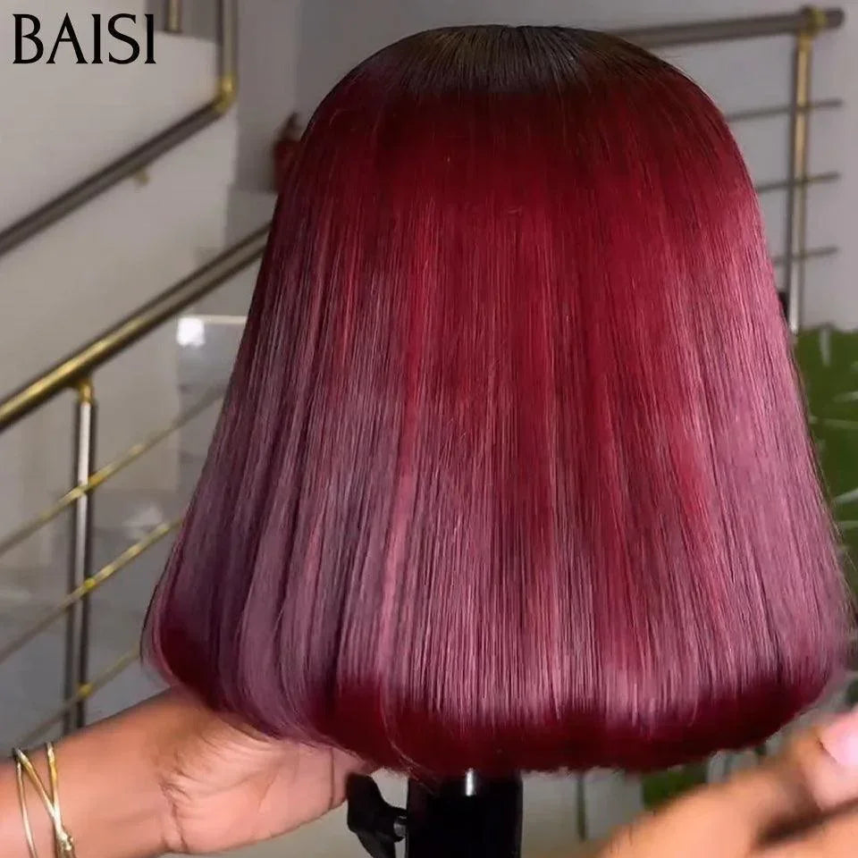 BAISI Bob lisse Avec Frange Perruques de Luxe 100% Vietnam Hair SDD BONE STRAIGHT Couleur Bordeaux #1B#99J 300% densité A1 Fabriquées par les cheveux double drawn 15A sans Lace sans colle