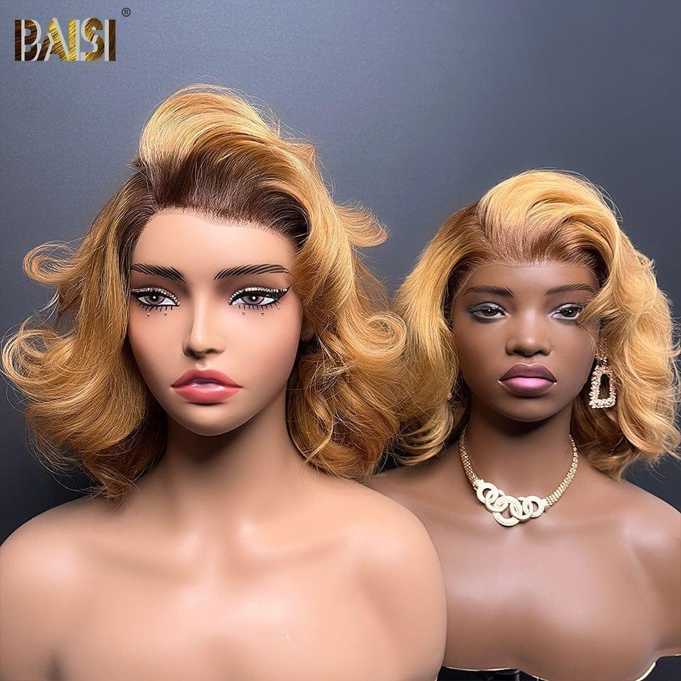BAISI 13x4 Frontal Perruque grosse boucles 12 pouces En Couleur  Miel avec Racine Marron 4T27# 149€ en 100% Vrais Cheveux Humains BS120