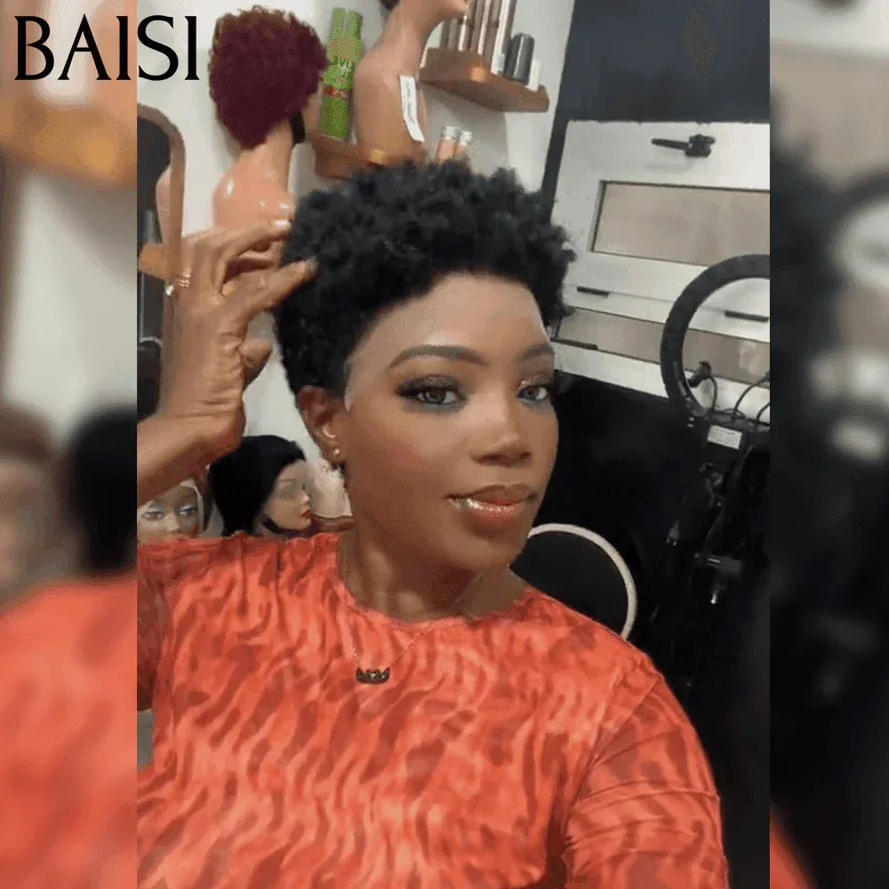 BAISI Offre Flash Perruque Pixie Afro Curl 13x4 lace frontal bouclé partout Noir en 100% cheveux humains F-905