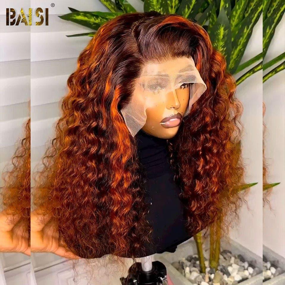 Peruca BAISI 13x4 Lace Frontal Deep Wave em cor #1B Laranja Mesclado, 100% Cabelo Humano