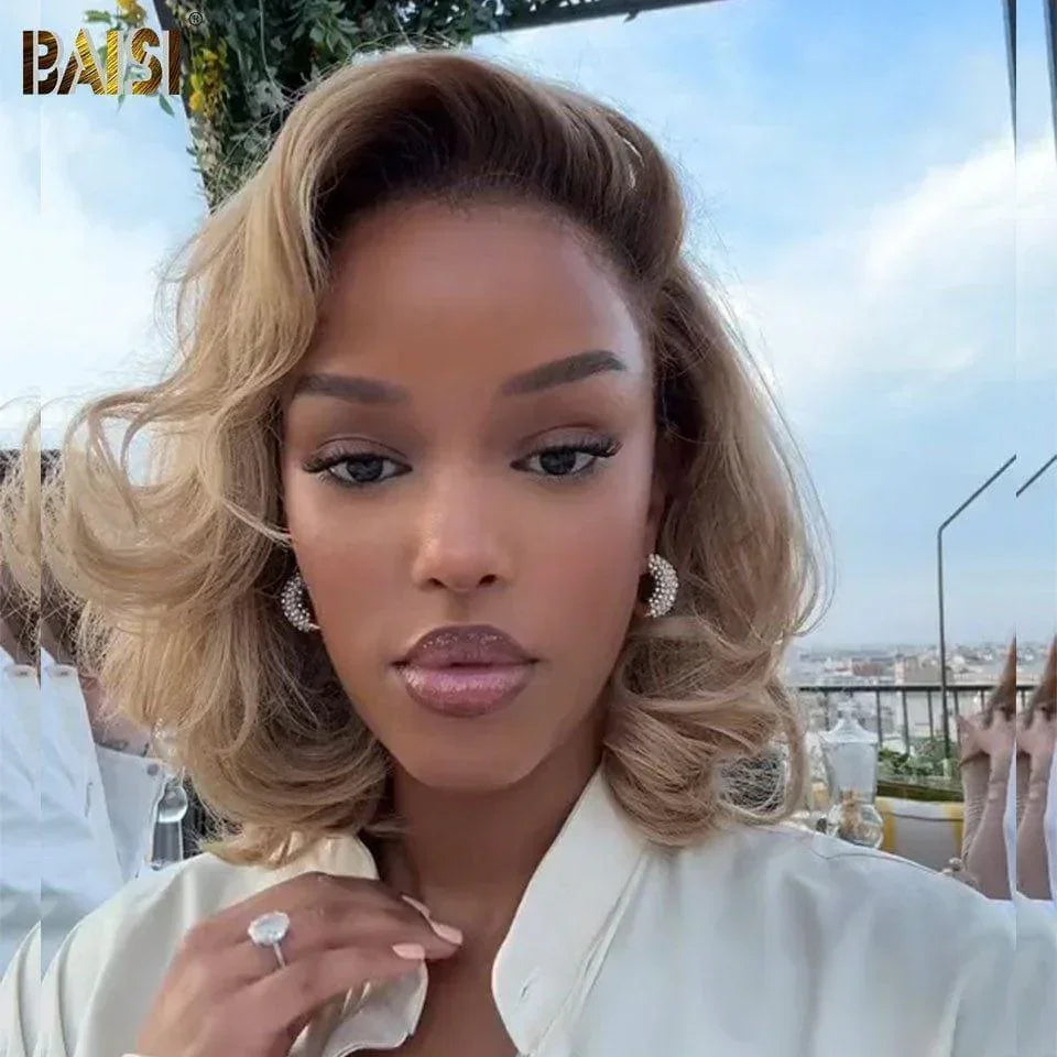 BAISI 5X5 perruque 12 Pouce 129€  moitié prix En Couleur Miel avec Racine Brun Body wave coupe personnalisée  voluminieux  en 100% cheveux humains MP50