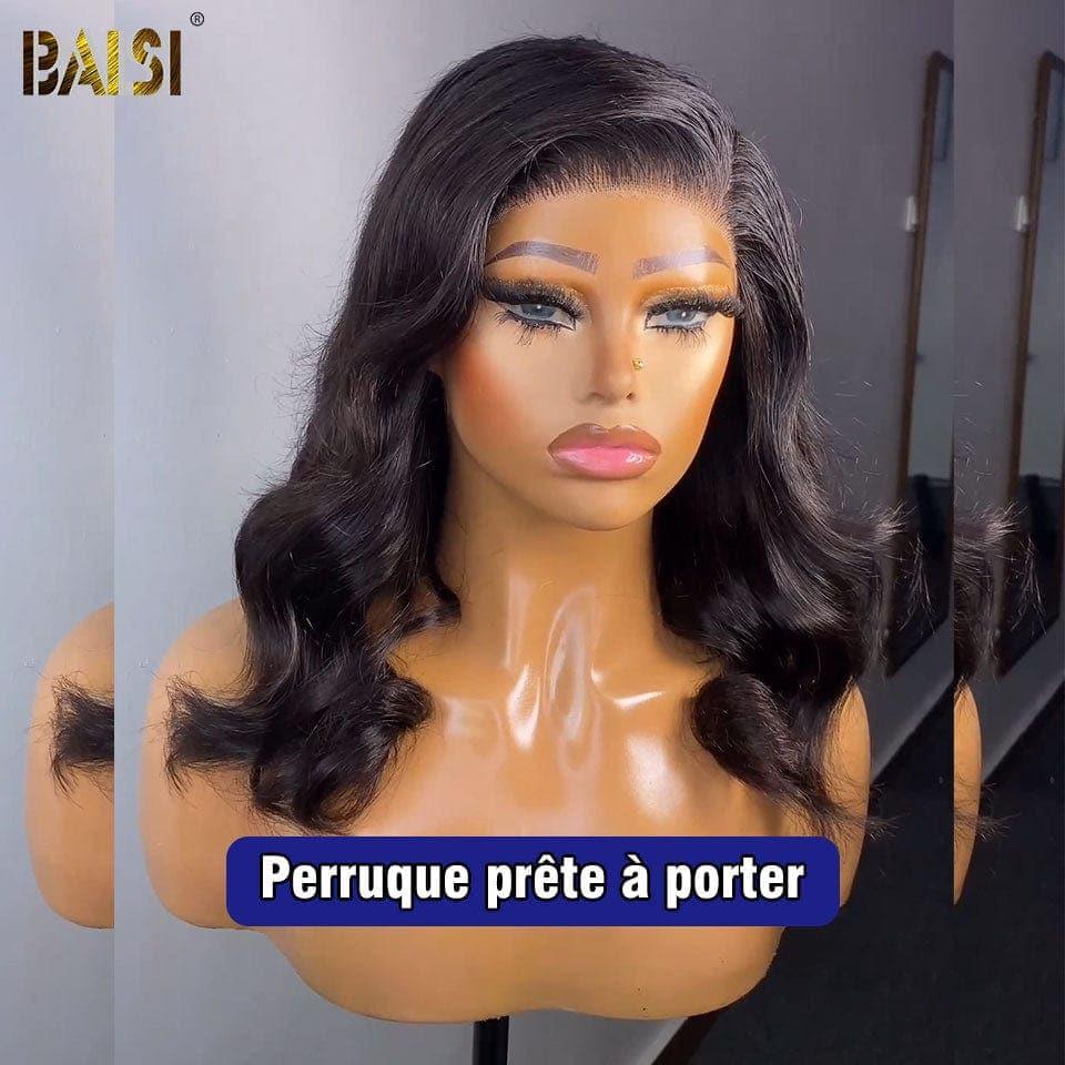 BAISI 4x4 Bob Body Wave Wig in Black Glueless Lace Front Cut Easy to Wear 100% Human Hair