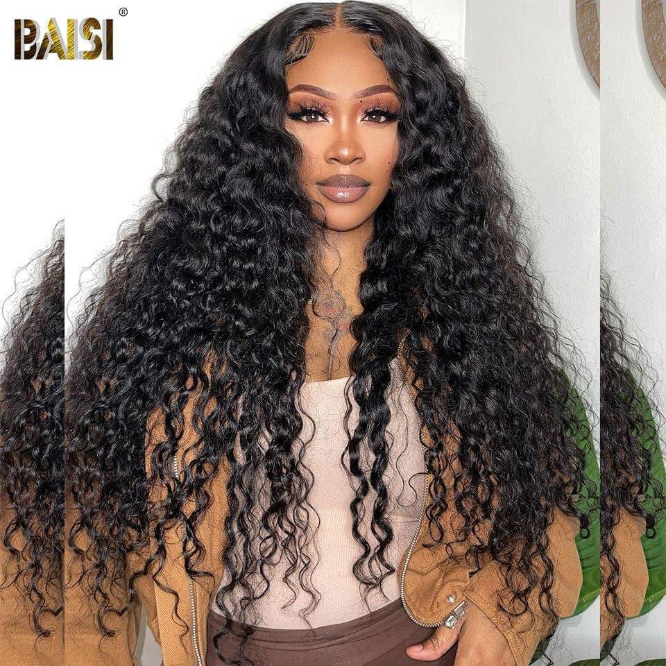 BAISI 4x4 Deep Wave Wig in Black Glueless Lace Front Easy to Wear 100% Human Hair