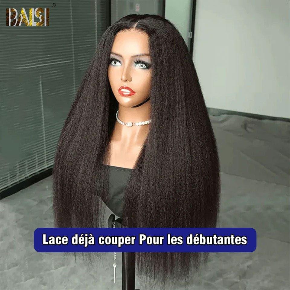 BAISI 4x4 Peruca Kinky Straight Pré-despontada, Sem Necessidade de Cola, 100% Cabelo Humano Virgem, Lace já Cortada