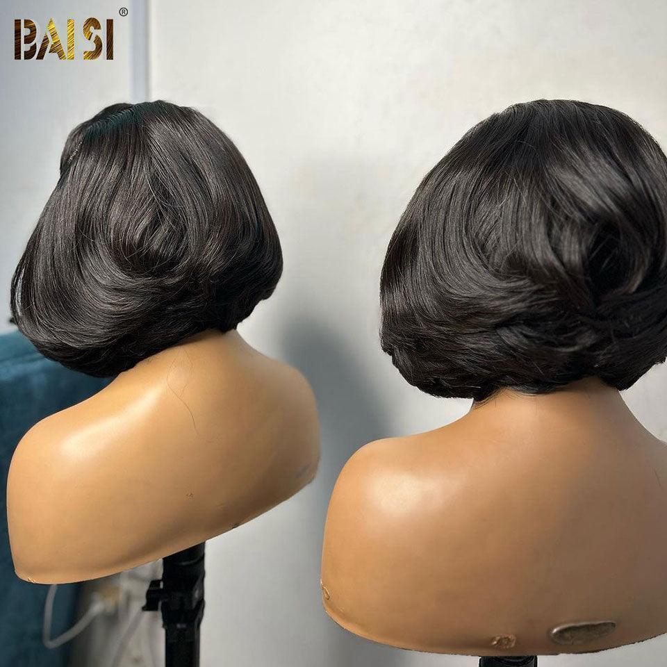 BAISI Peruca 5x5 10 polegadas Preto, corte personalizado, caracóis volumosos, densidade 300%, mais de 20 anos de utilização
