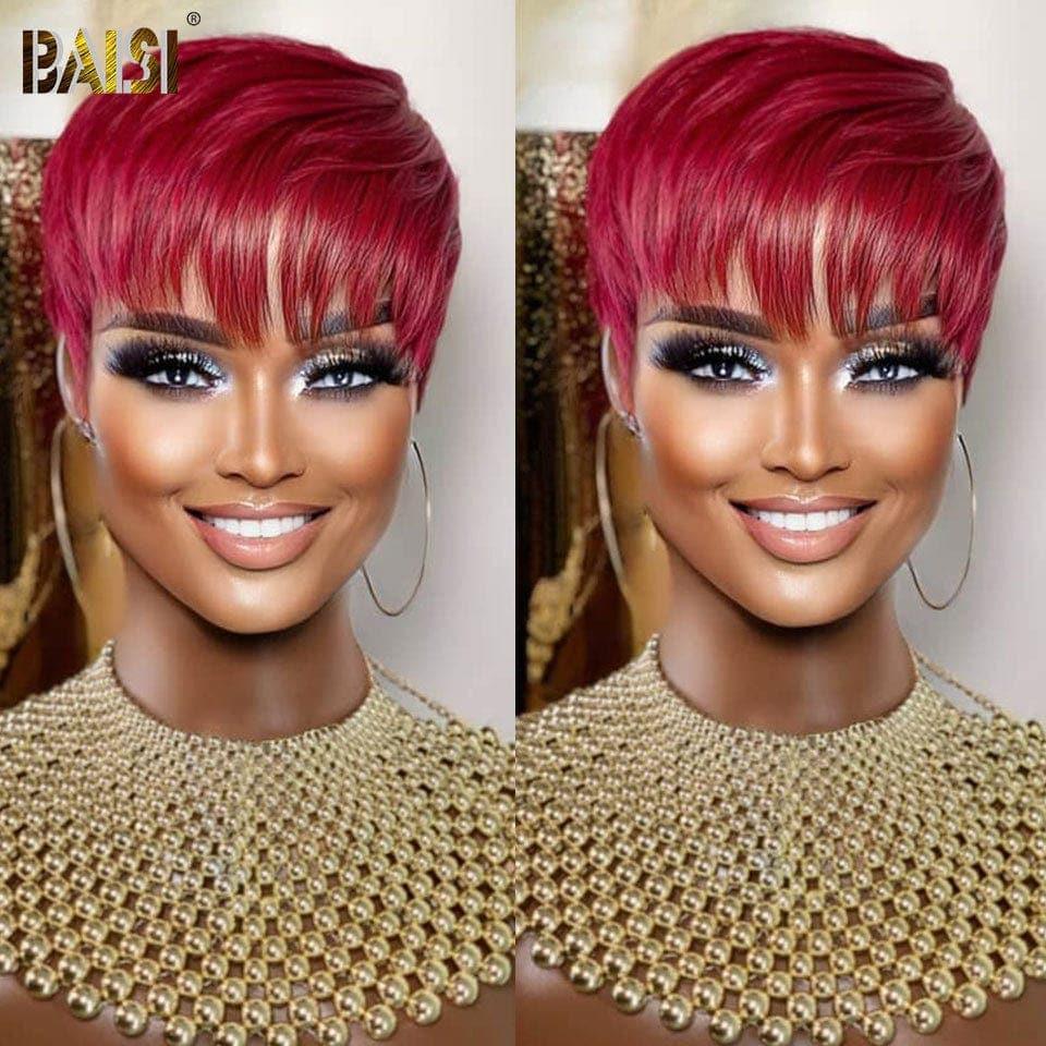 BAISI Perucas Portes grátis na Europa Grande promoção, novo modelo corte pixie feito à máquina, sem cola, sem lace, em 100% cabelo humano #026