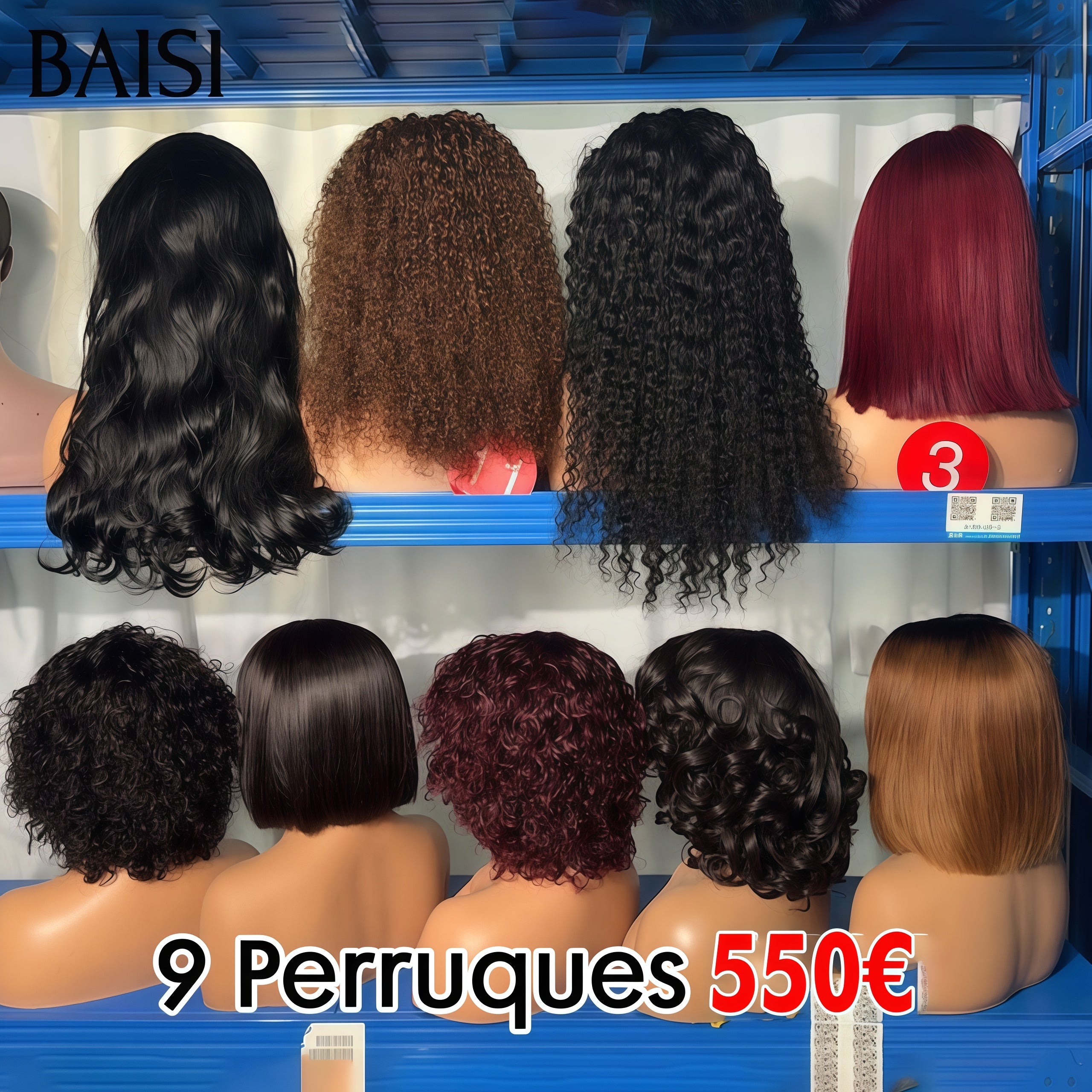 BAISI Lot de 9 perruques Flash Offer PROMOTION 550€ Vente en gros 9 styles de perruques différents en 100% vrais cheveux humains BS65
