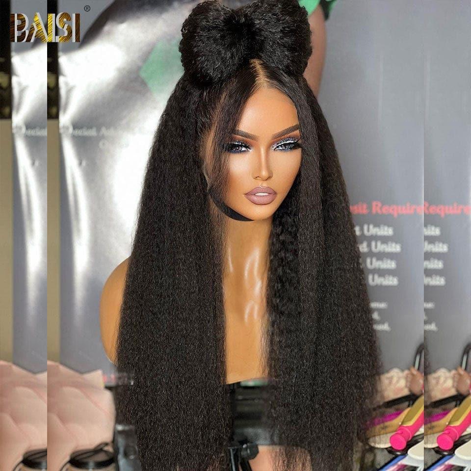 BAISI 4x4 Peruca Kinky Straight Pré-despontada, Sem Necessidade de Cola, 100% Cabelo Humano Virgem, Lace já Cortada